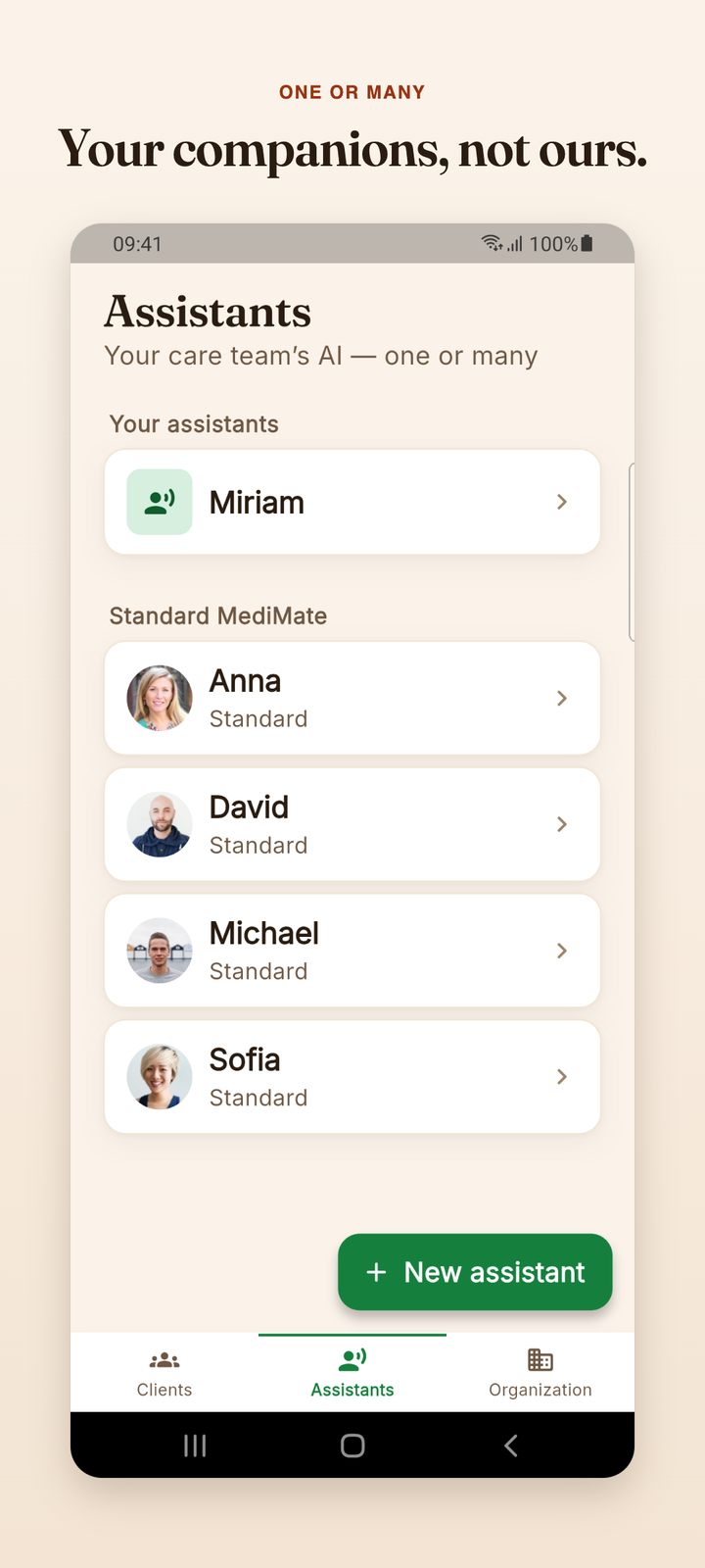 Assistants screen: choose the companion who calls each client
