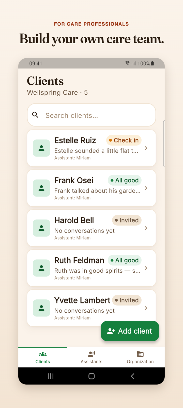 Clients screen: your organization's people with at-a-glance statuses — check in, all good, invited